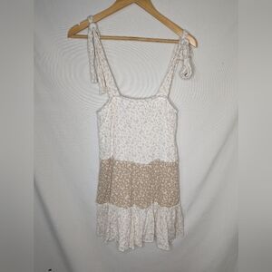 Anthropologie Lazy Sundays Tan White Ditsy Floral Knot Tie Tank Lined Dress Sz M